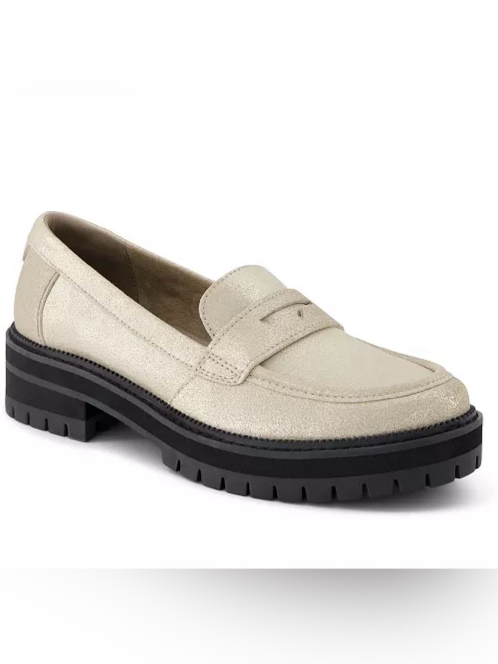 Toms Cara Lug Sole Loafer in Champagne Metallic Suede NWOT